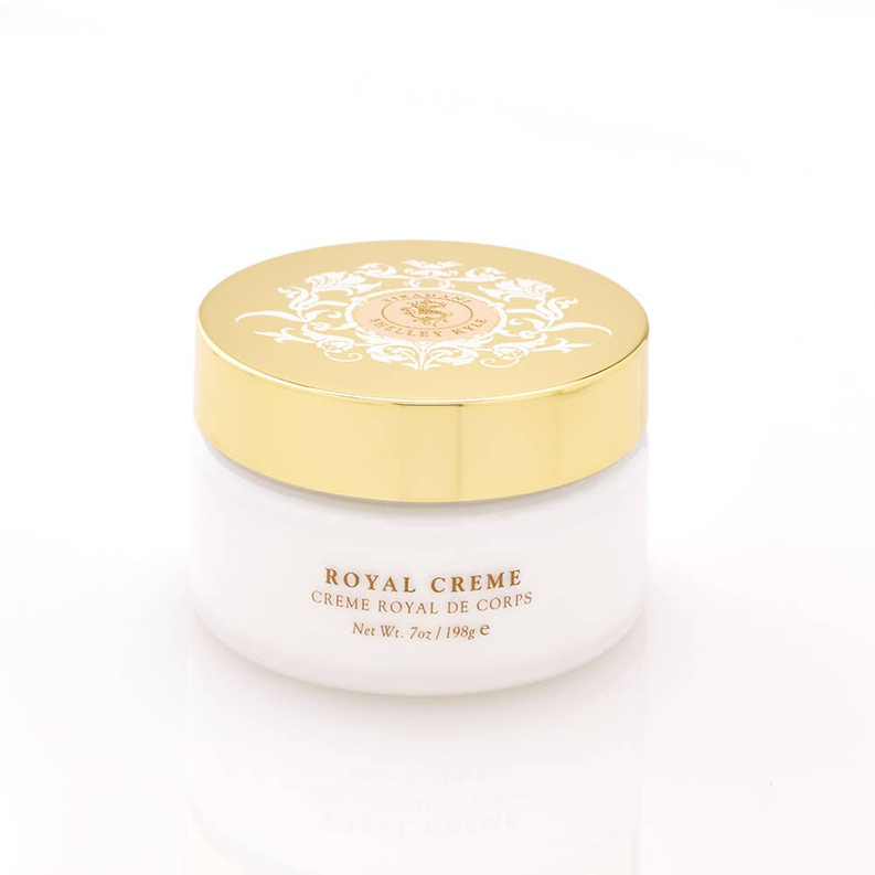 Tiramani Royal body cream jar with gold lid and white cream, 7 oz