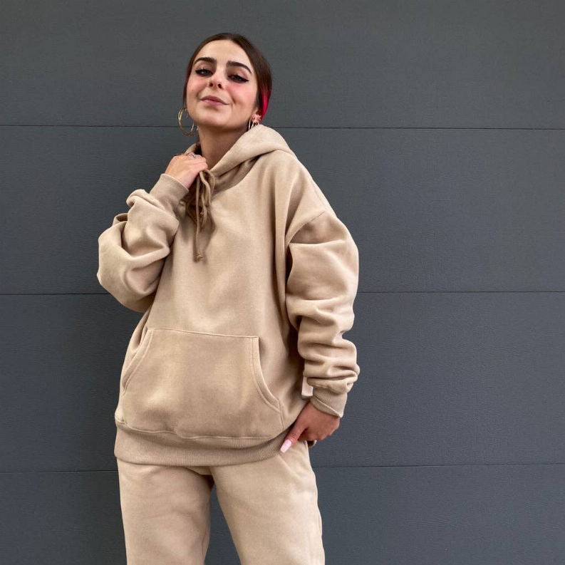 Beige pullover hoodie with hood and front kangaroo pocket.