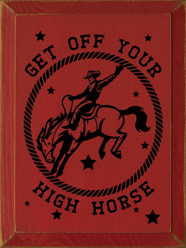 Red decorative wall art with black horse and text design, framed look