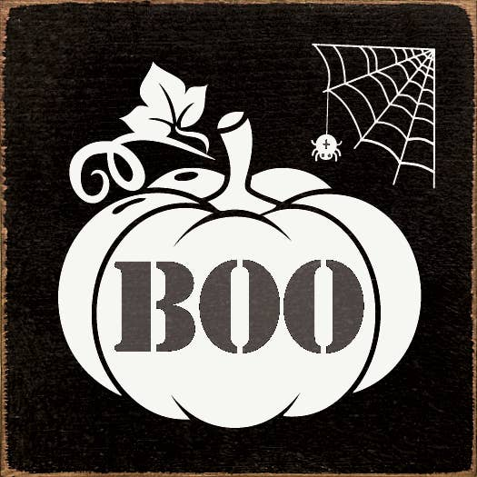 Old Black fabric patch with white “BOO” pumpkin, ghost, and spiderweb graphic