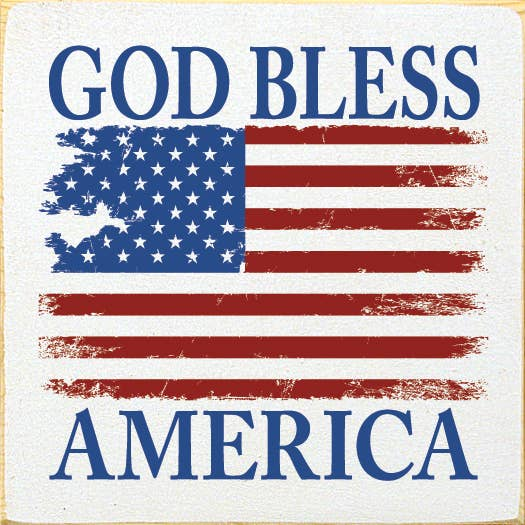 Decorative sign with 'God Bless America' and U.S. flag graphic