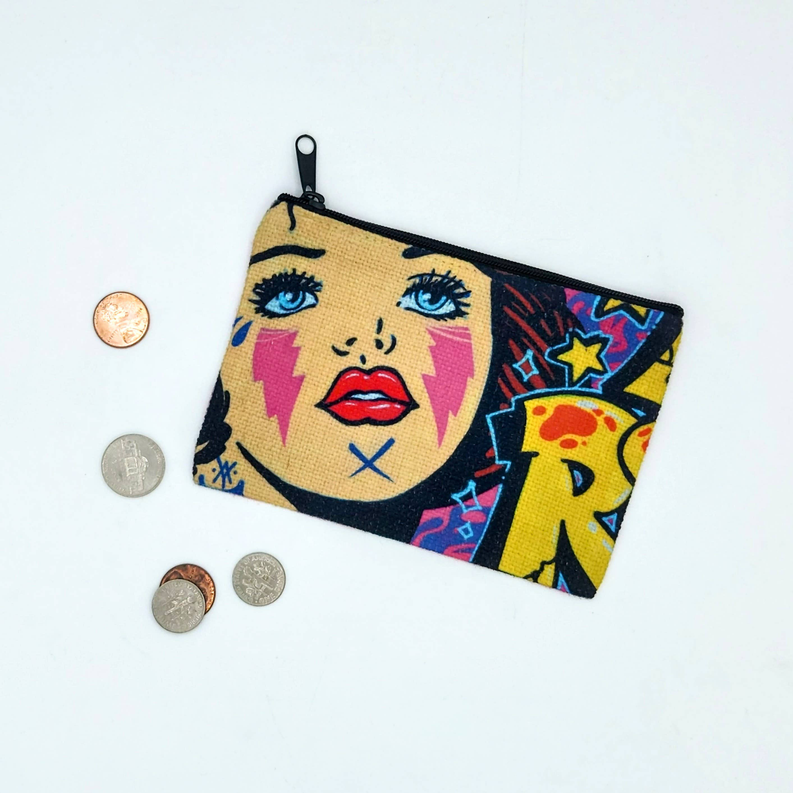 Small zipper coin pouch with colorful punk face print and black zipper tab