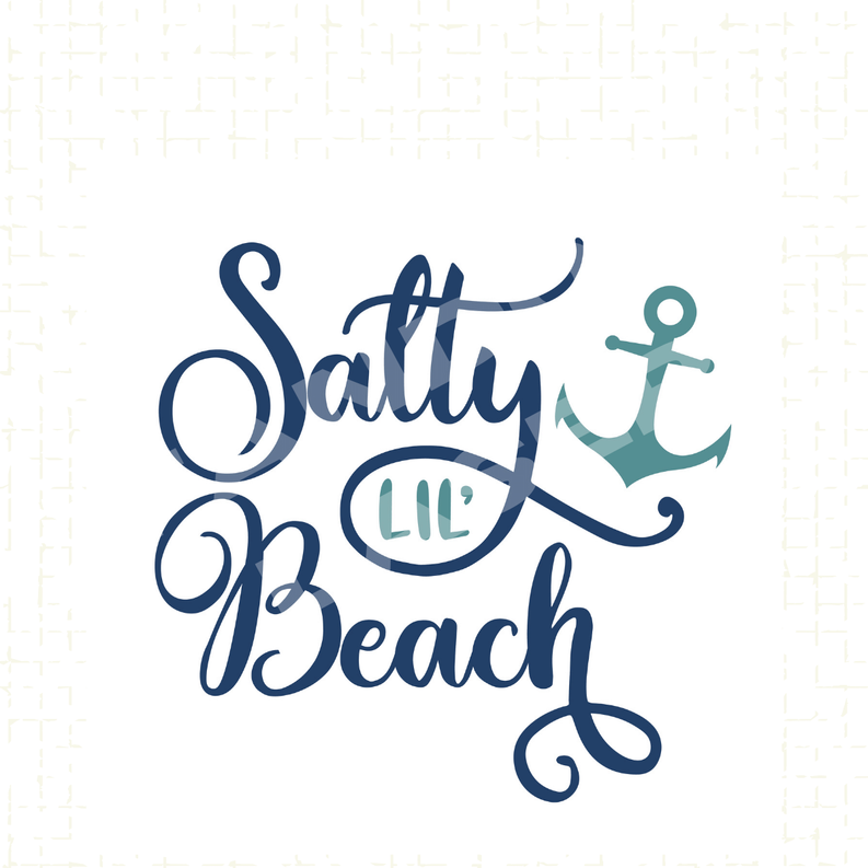 White kitchen towel with blue "Salty Lil' Beach" script and anchor graphic