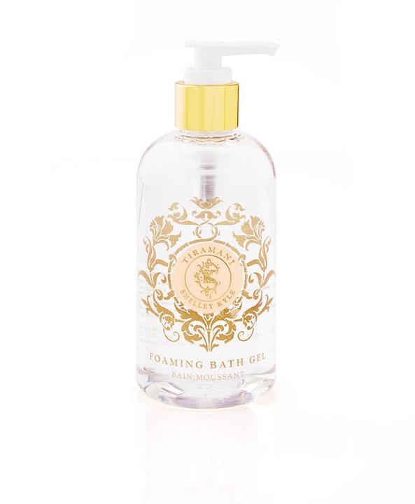 Tiramani foaming bath gel bottle, 250 ml, clear bottle with gold decorative label