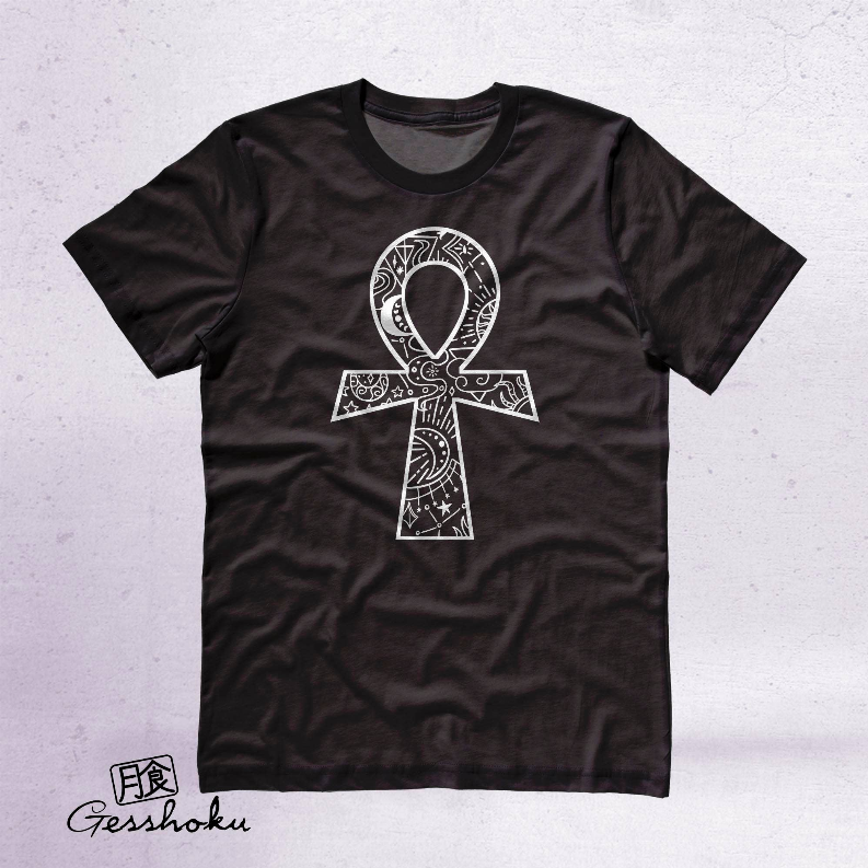 Black unisex crewneck T-shirt with large white ankh illustration on chest