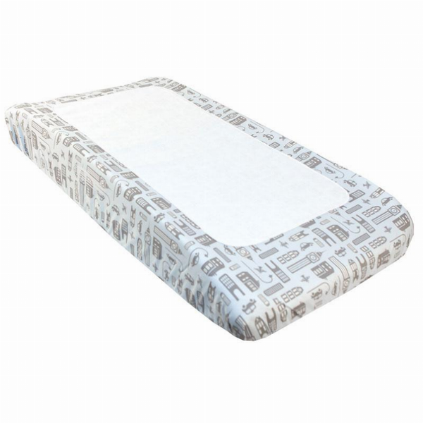 Printed percale change pad sheet with terry insert, light gray patterned design