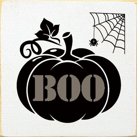 Light fabric panel with dark pumpkin graphic, spiderweb, spider, and BOO lettering