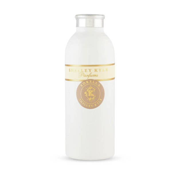 White powder bottle with silver ridged cap and gold label