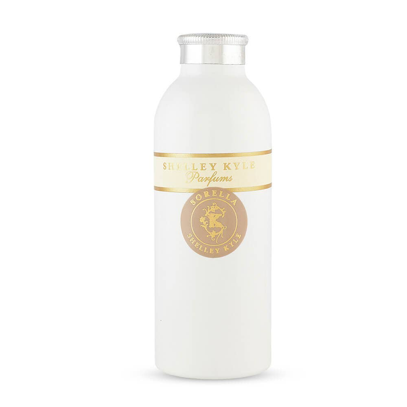 White powder bottle, front label with gold emblem and gold band