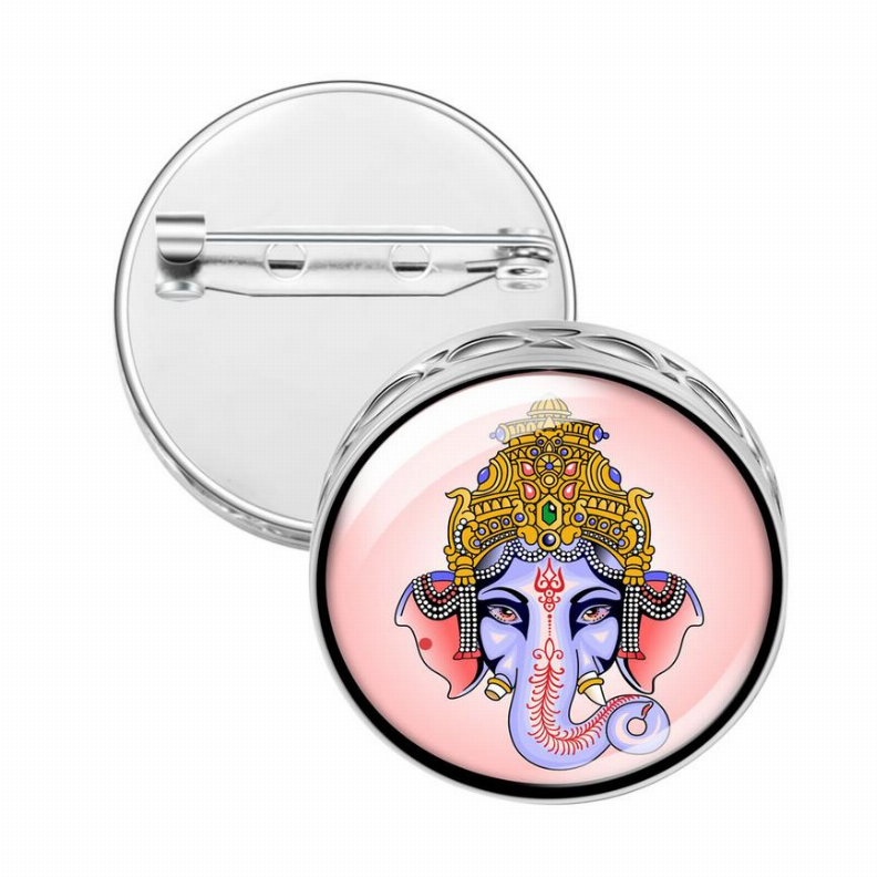 Round silver pin brooch diffuser with Ganesha face in pink and blue
