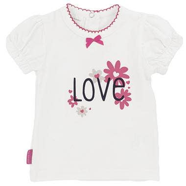 White girls short-sleeve T-shirt with pink bow collar and floral “love” heart graphic