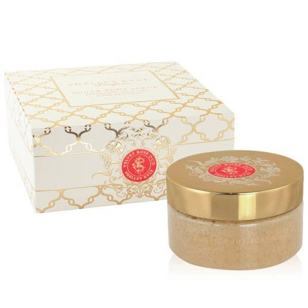 Velvet Rose Oud sugar body scrub tester jar with gold lid and box