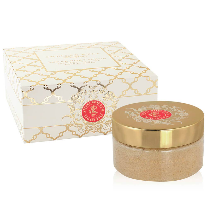 Velvet Rose Oud sugar body scrub tester jar with gold lid, red label, and box