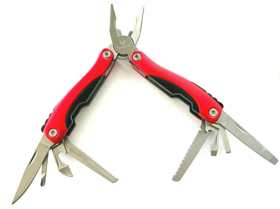 Red and black folding multi-tool pliers open with multiple blades and file