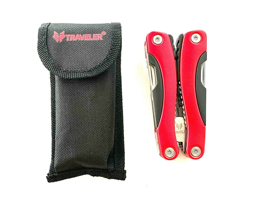 Folding multi-tool pliers set in black fabric pouch with red handles