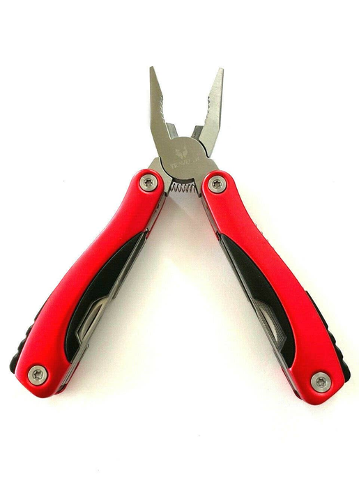 Red and black folding multi-tool pliers open, showing blades and plier heads
