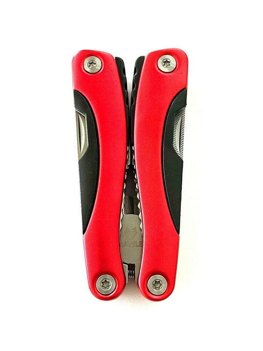 Red and black folding multi-tool pliers with handles and visible rivets, closed