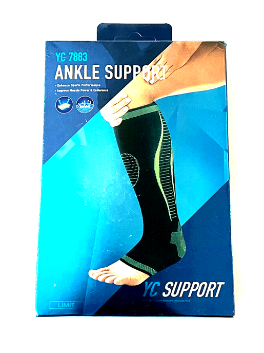 Unisex ankle support sleeve with green compression stripes, packaged for pain relief