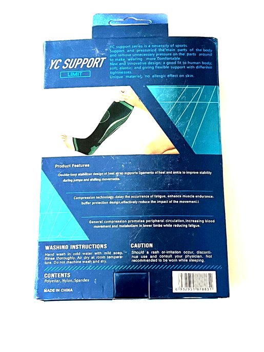 Unisex ankle support sleeve package, back panel with care and caution info