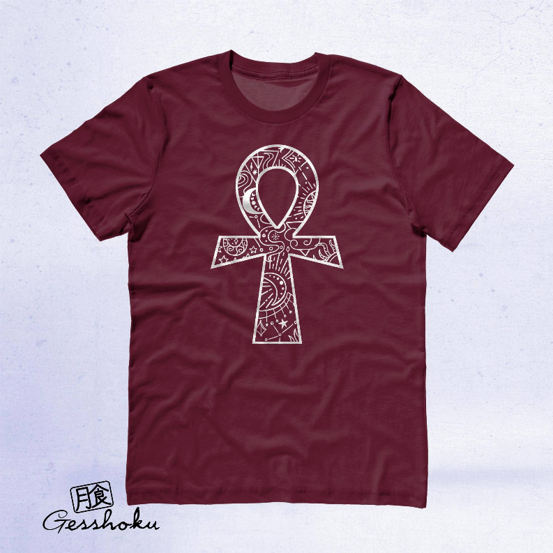 Maroon crewneck unisex T-shirt featuring white ankh print
