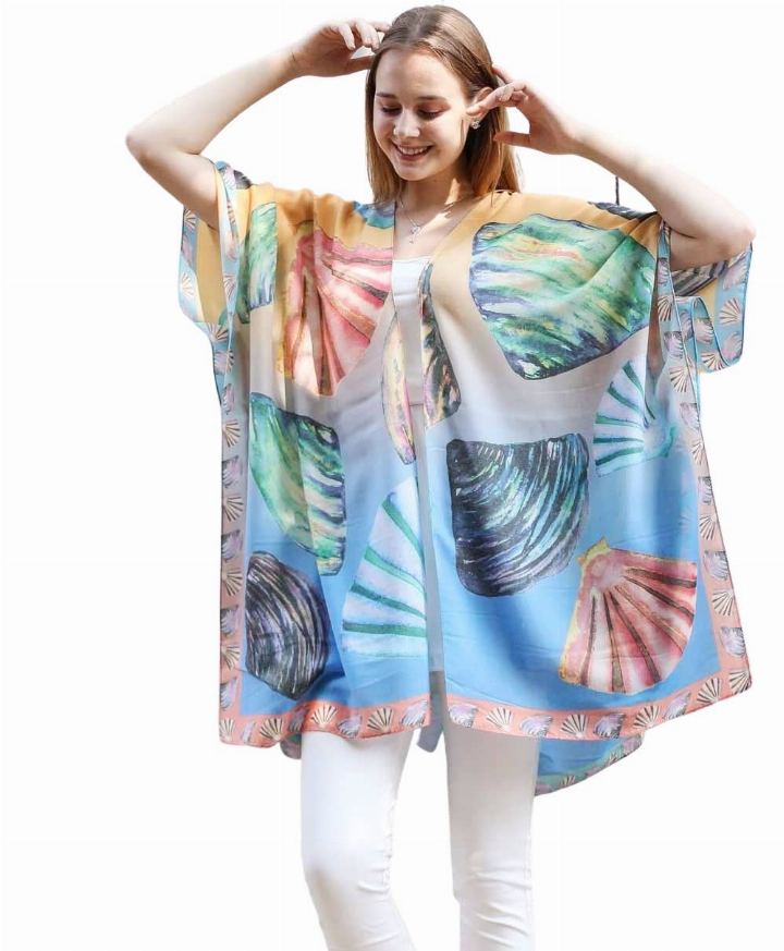 Cotton kimono with open front, colorful shell print, short wide sleeves