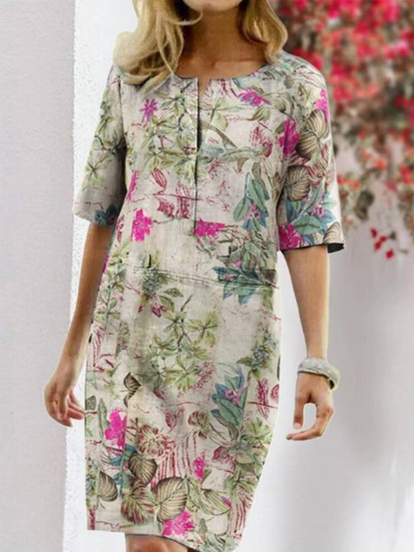 Floral linen button-front dress with three-quarter sleeves