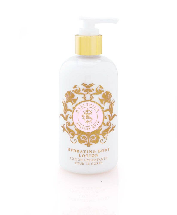 Hydrating body lotion bottle with gold pump and ornate gold label, 8 oz size