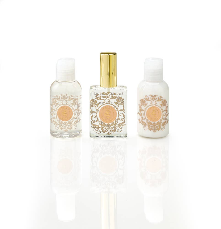 Sorella mini gift set with three small fragrance bottles, gold accents and white caps