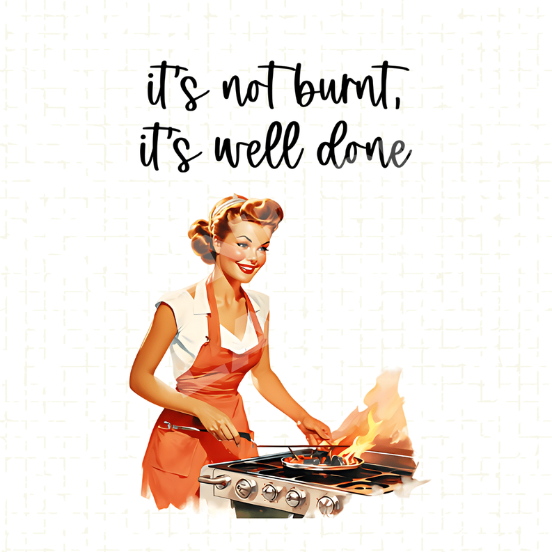 'It's not burnt, it's well done' kitchen towel with chef and grill illustration