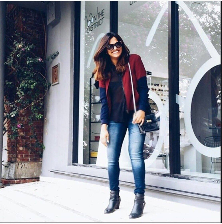 Maroon and dark navy color-block blazer on model, front view