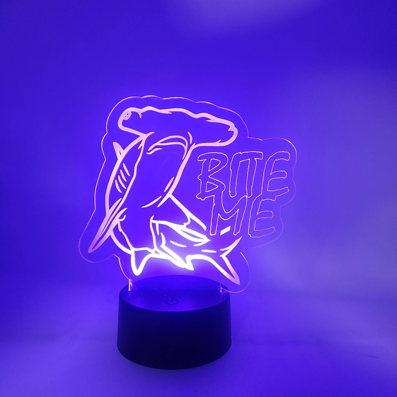 Shark LED novelty lamp with neon purple “BITE ME” graphic on illuminated base