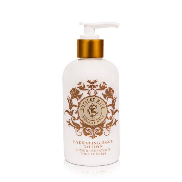 Hydrating body lotion pump bottle with gold cap and Shelley Kyle logo on white label.