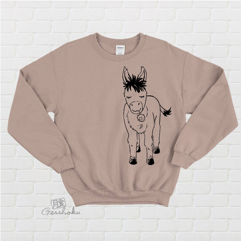 Sand fleece crewneck sweatshirt with donkey graphic front, long sleeves