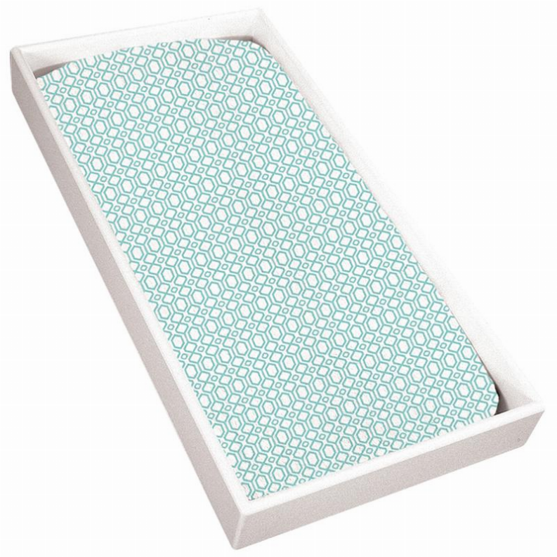 Change pad sheet with turquoise geometric lattice pattern, rectangular folded cover.