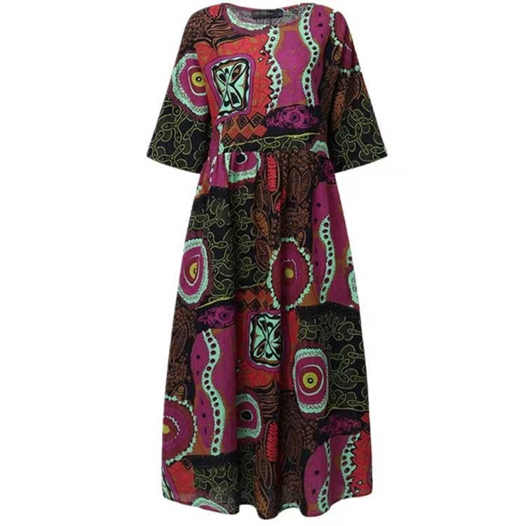 Handmade linen midi dress, multicolor abstract print, short sleeves, round neckline