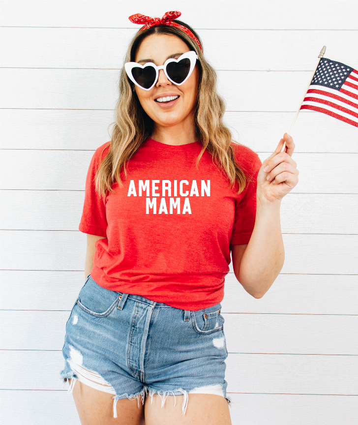 Red crewneck T-shirt, American Mama lettering on chest