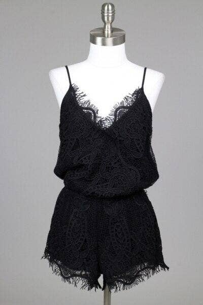 Bellavie black lace camisole romper on mannequin, V-neck and scalloped trim