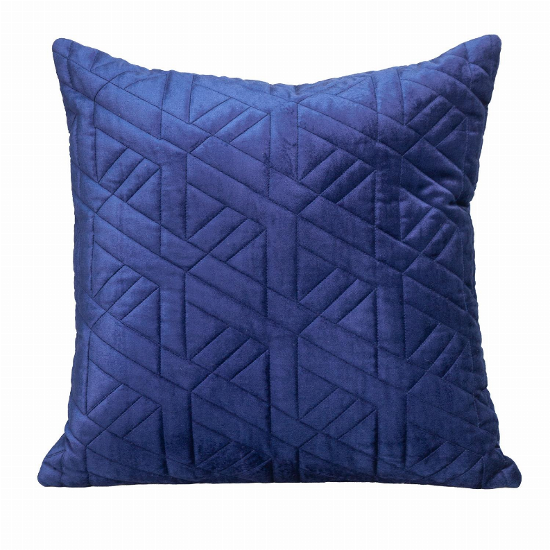 Blue square quilted throw pillow featuring a bold geometric chevron pattern