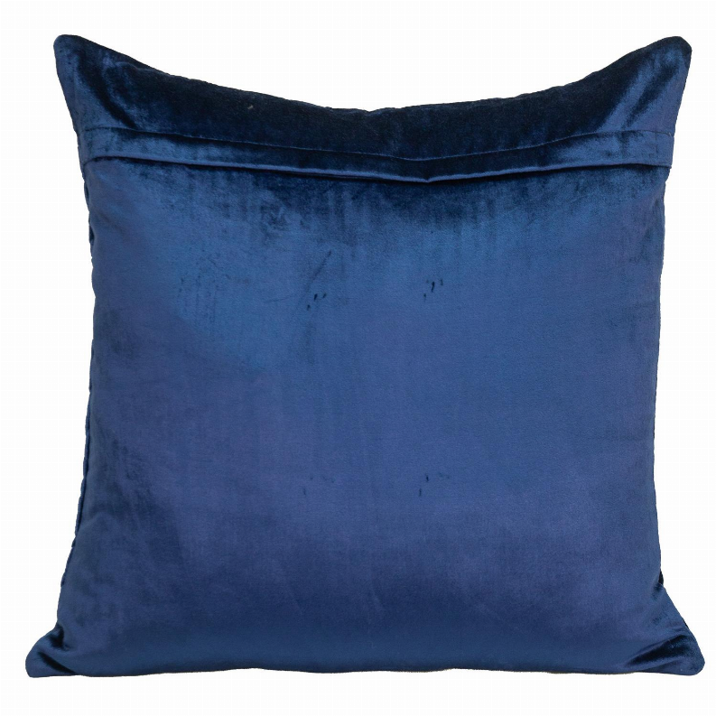 Blue quilted throw pillow back with smooth fabric and visible seam edging