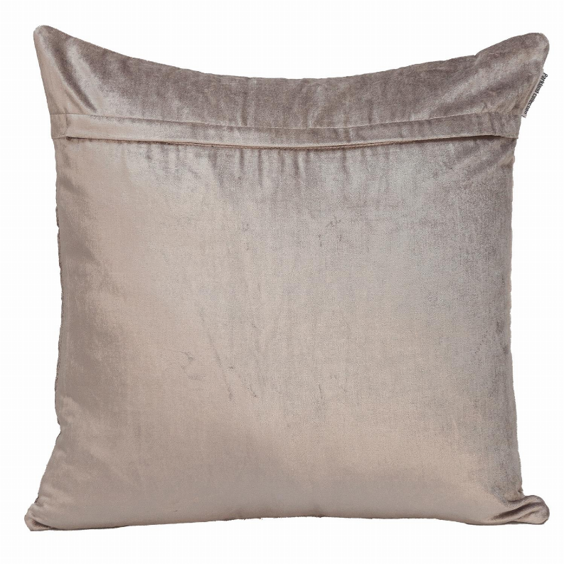 Taupe square throw pillow back with simple fabric and top piping
