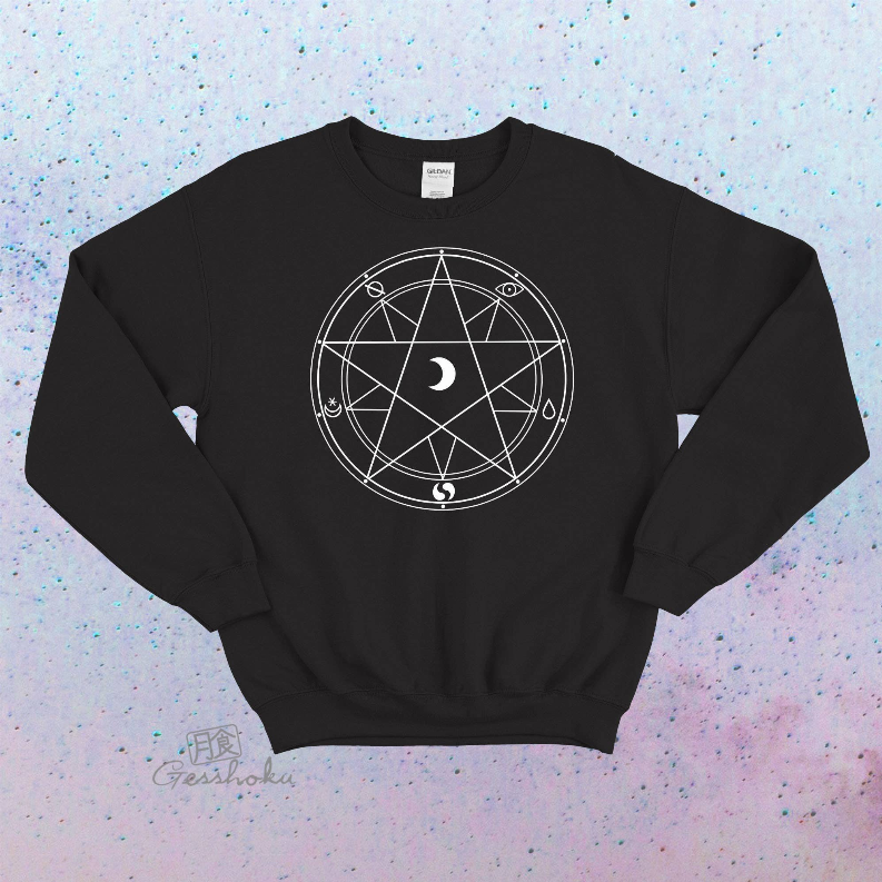Black crewneck sweatshirt front with pentagram circle graphic and long sleeves
