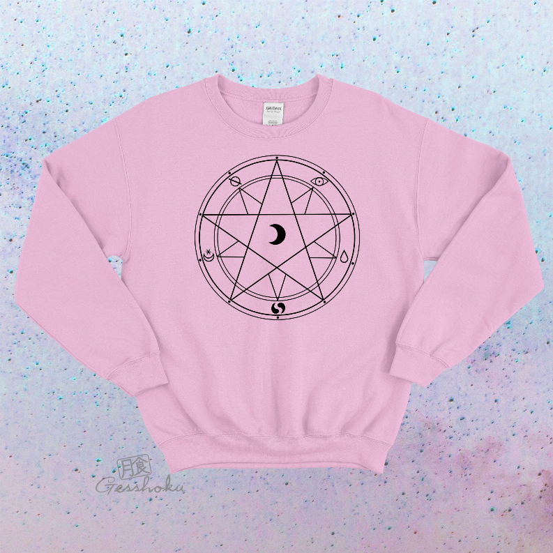 Light pink crewneck sweatshirt with black pentagram circle graphic on the front