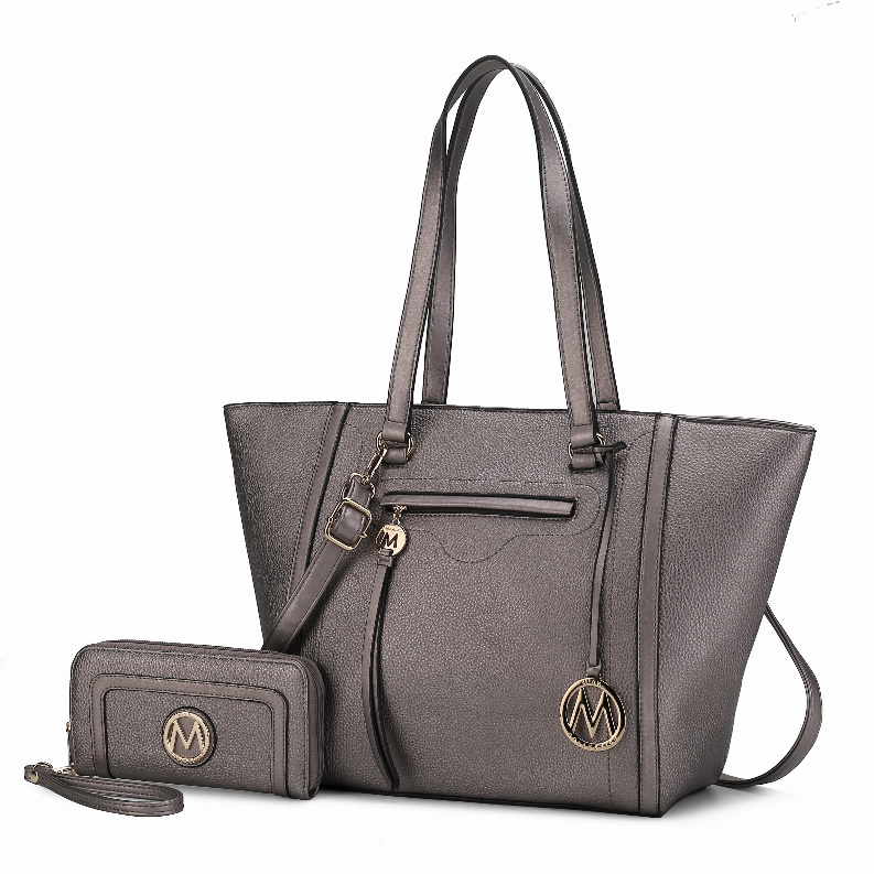 Vegan leather tote bag with matching wallet, gray with gold-tone hardware