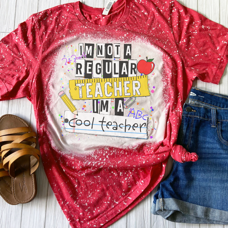 Red bleached graphic T-shirt, crew neck, front print with pencil and apple icons