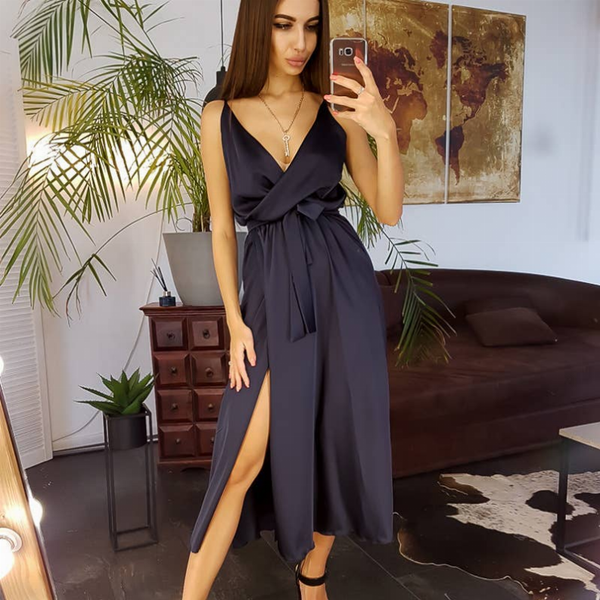 Dark sleeveless wrap V-neck midi dress with tied waist and side slit