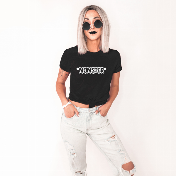 Black Momster logo graphic t-shirt with short sleeves