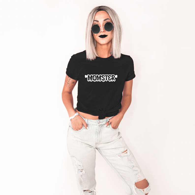 Black short-sleeve graphic T-shirt with MOMSTER chest print, relaxed fit