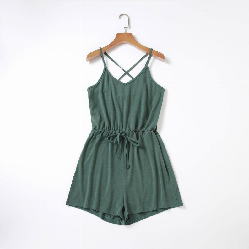 Grey-green cross-back romper with drawstring waist, sleeveless, on hanger