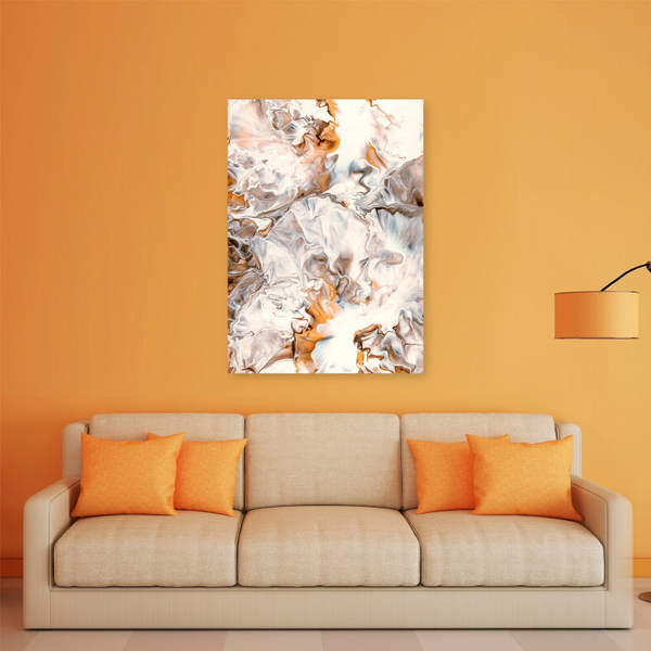 Marble glass wall art with white, gray and bronze abstract swirls in square frame