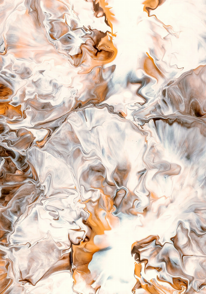 Close-up of marble glass wall art with white, gray and bronze swirling resin texture